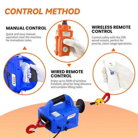 3 In 1 Electric Hoist Winch 1500W 110V Portable Workhorse Lift 1100 Lbs Capacity showing control methods