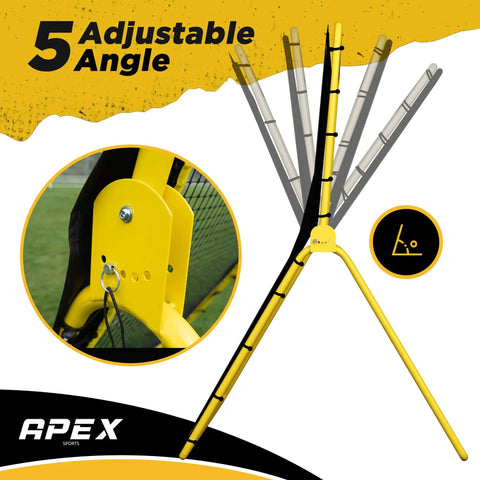 Lacrosse and Volleyball Rebounder Net 4x7 Feet with Adjustable Five Angles for Soccer and Baseball Practice showing yellow frame and angles.