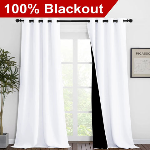 White Blackout Curtains 90 Inches Long Two Panels 46 Inches Wide Each Full Light Blocking Thermal Insulated Drapes with Grommets