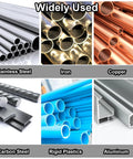 Metal tube and bar collage: stainless steel tubes, copper pipes, iron rods, carbon steel, aluminum, and blue rigid plastic tubes