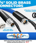 Heated RV water hose with 3/4-inch solid brass connectors and rubber washers; black exterior with metal fittings.
