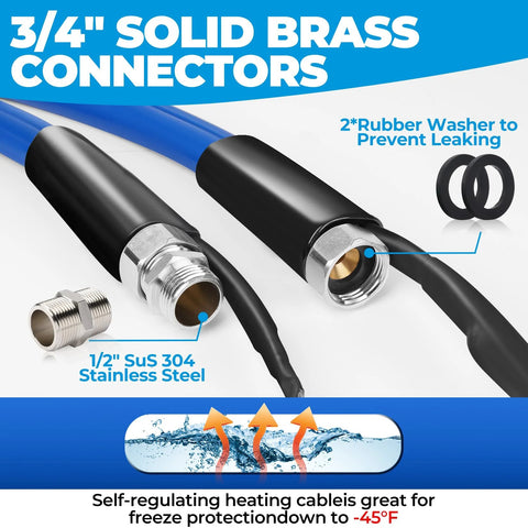 Heated RV water hose with 3/4-inch solid brass connectors and rubber washers; black exterior with metal fittings.