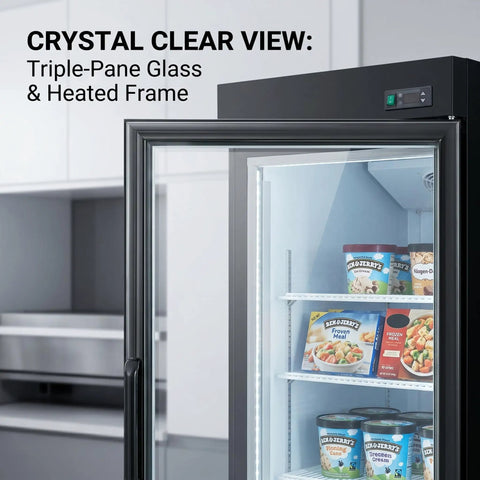 Straight Up Commercial Grade Upright Display Freezer With 16 Cu Ft Glass Door Merchandiser Rig showing triple-pane visibility and heated frame.