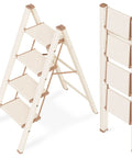 Four Step Aluminum Folding Ladder With Anti Slip Wide Pedals, Lightweight Portable Stepladder For Home And Kitchen, Space Saving Design, Supports Up To 330 Lbs, Compact Folded Size, Durable And Easy To Store In Chocolate White, shown open and folded