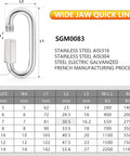 Heavy Duty 304 Stainless Steel Chain Quick Links Set Of 6 3.2 Inch With Screw Carabiner Connectors And Hooks For Rigging Binding And Anchoring Up To 1200 LB Capacity, product specifications chart and image of wide jaw quick link.