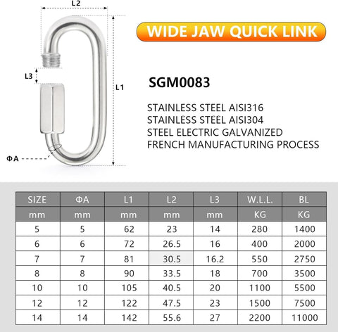 Heavy Duty 304 Stainless Steel Chain Quick Links Set Of 6 3.2 Inch With Screw Carabiner Connectors And Hooks For Rigging Binding And Anchoring Up To 1200 LB Capacity, product specifications chart and image of wide jaw quick link.