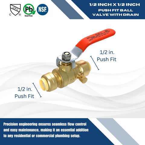 Push Fit Ball Valve Half Inch To Half Inch With Drain For Easy Solder Free Install, brass valve with red handle and built-in drain