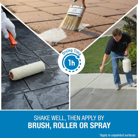 Application methods for Heavy Duty Concrete Sealer Five Gallon Ready Mix Invisible Shield with brush, roller, and sprayer.