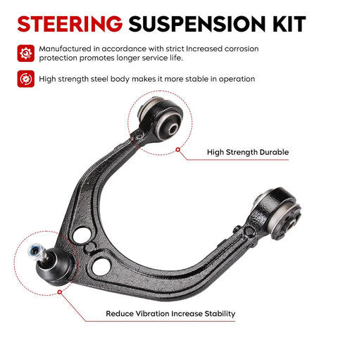 Side view of curved front suspension control arm with ball joint, black steel, for Chrysler 300/Dodge Challenger/Charger