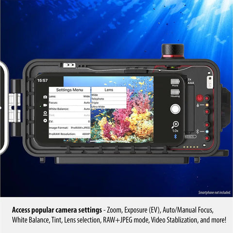 SportDiver Ultra Underwater Smartphone Housing for Scuba Diving, Dive to 130 Feet, waterproof case with camera controls view