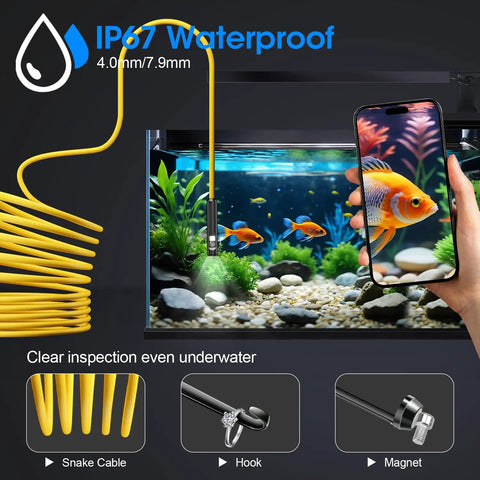 1920P HD Borescope with 8 Adjustable LEDs, 32.8ft semi-rigid waterproof snake camera inspecting aquarium with phone view