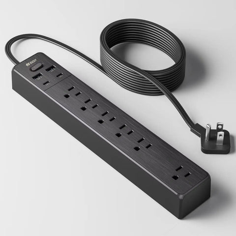 Mountable Power Strip With USB C And USB A Ports Surge Protector 10 In One Charging Hub 9.8 Foot Cord, black color, displayed on white surface