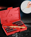 38 Piece Metal Stamping Kit With Automatic Letter And Number Punch Set for leather, wood, jewelry in red plastic case.