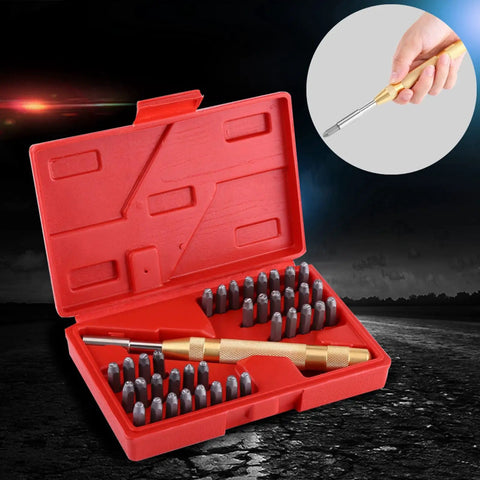 38 Piece Metal Stamping Kit With Automatic Letter And Number Punch Set for leather, wood, jewelry in red plastic case.