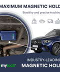 Heavy Duty Waterproof GPS Tracker For Cars Trucks And Trailers With 4G LTE Real Time Location Updates Strong Magnetic Mount shown under vehicle.