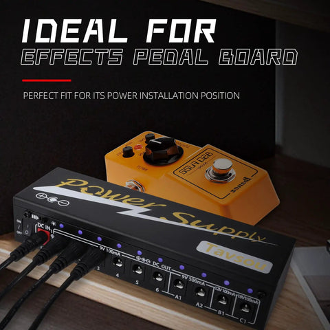 10 Isolated DC Outputs Guitar Pedal Power Supply with 9V 100mA and 9V 500mA outputs, shown near an effects pedal on a pedalboard.