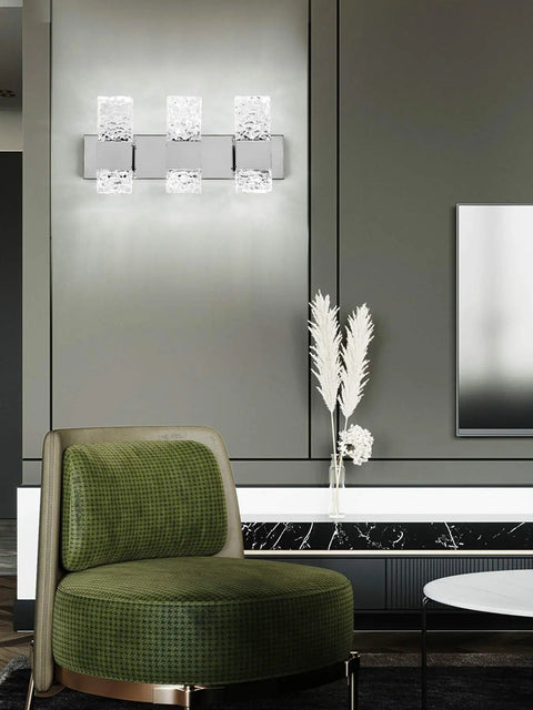 Modern living room with Gold Wall Sconce Set Of Two LED Bathroom Vanity Lights, featuring bubble crystal and 8-sided faceted design.