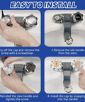 Installation steps for Clear Acrylic Faucet Handles Replacement Kit For Two-Handle Faucets showing screw removal and handle attachment.