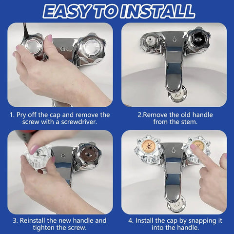 Installation steps for Clear Acrylic Faucet Handles Replacement Kit For Two-Handle Faucets showing screw removal and handle attachment.