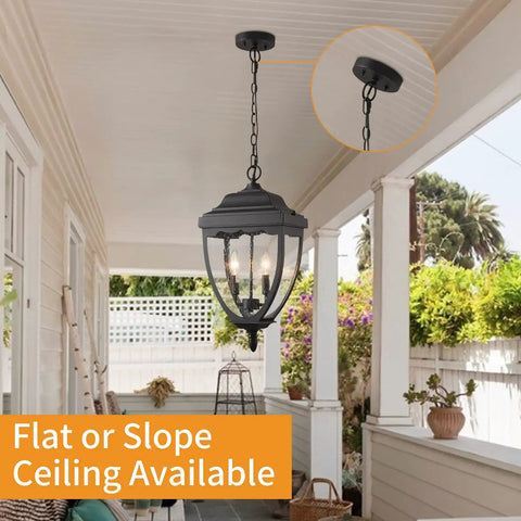 Outdoor Pendant Light Fixture For Porch And Entryway In Black Finish With Seeded Glass Lantern Chandelier on porch ceiling