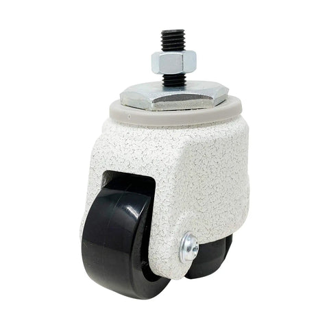 Heavy Duty Retractable Leveling Caster With 2 Inch Nylon Wheels That Roll Smooth And Ratcheting Stemless Build For Lock Tight Equipment Stabilization In Classic Ivory Job Site Gear, close-up view.