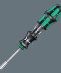 Kraftform Kompakt 28 SB Combi-Driver With Magazine And Anti-Roll Handle, bayonet adapter visible on screwdriver, green and black handle