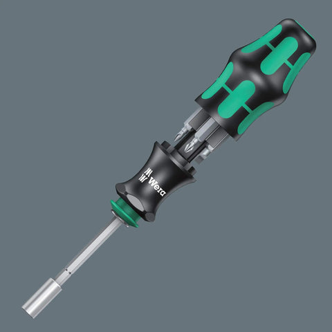 Kraftform Kompakt 28 SB Combi-Driver With Magazine And Anti-Roll Handle, bayonet adapter visible on screwdriver, green and black handle