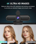 4K Auto Focus USB Web Cam With Dual Mics And Quick Privacy Flip Hella Crisp Video For Seamless Meetings Live Streams And Streamer Clips Plug And Play On PC Or Laptop A Total No Brainer Purchase is shown capturing a clear image of a woman.