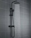 Exposed Shower System with Waterfall Tub Spout Rainfall Shower Set Black, wall-mounted, modern design with rainfall feature.