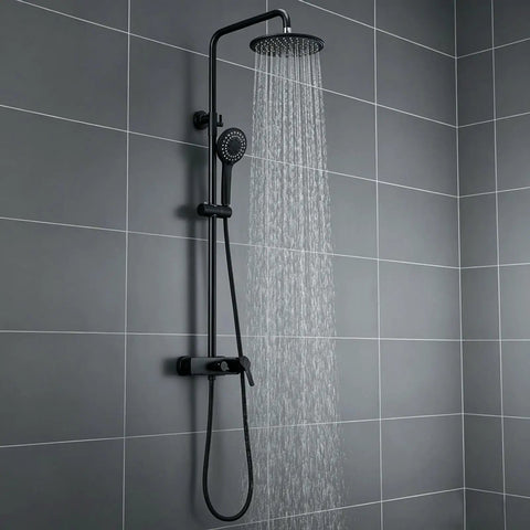 Exposed Shower System with Waterfall Tub Spout Rainfall Shower Set Black, wall-mounted, modern design with rainfall feature.