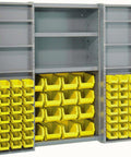 Heavy Duty Workshop Storage Rig With Sixty Eight Durable Yellow Plastic Bins And Fully Adjustable Interior Shelves providing easy access and organization.