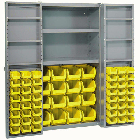 Heavy Duty Workshop Storage Rig With Sixty Eight Durable Yellow Plastic Bins And Fully Adjustable Interior Shelves providing easy access and organization.