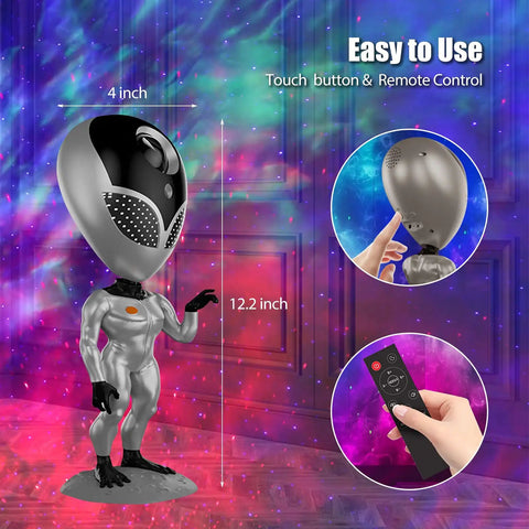 Alien-shaped 12.2-inch Talking Night Light Star Projector Galaxy Projector For Bedroom with remote control and touch button.