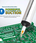 Desoldering Vacuum Pump Solder Sucker Kit 3 Pack With One Handed Operation shown desoldering a circuit board with powerful suction.