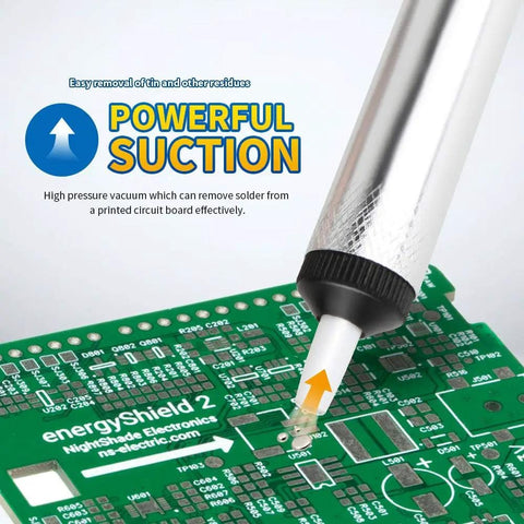 Desoldering Vacuum Pump Solder Sucker Kit 3 Pack With One Handed Operation shown desoldering a circuit board with powerful suction.