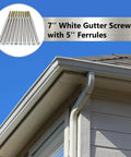 Image showing a house corner with gutters and an inset of 7-inch white gutter screws, labeled as 7'' White Gutter Screws with 5'' Ferrules, illustrating 20 Pieces 7 Inch White Gutter Screws With Metal Ferrule Durable Gutter Nails And Spikes Easy To Install Secure Gutter Fasteners For Sagging Gutters And Maintenance Rust Resistant Weatherproof.