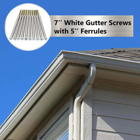 Image showing a house corner with gutters and an inset of 7-inch white gutter screws, labeled as 7'' White Gutter Screws with 5'' Ferrules, illustrating 20 Pieces 7 Inch White Gutter Screws With Metal Ferrule Durable Gutter Nails And Spikes Easy To Install Secure Gutter Fasteners For Sagging Gutters And Maintenance Rust Resistant Weatherproof.