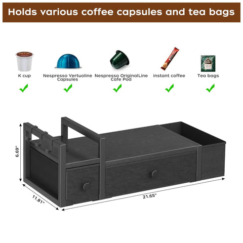 Coffee Pod Drawer Organizer For Countertop That Holds 52 Pods K Cup And Nespresso Capsules With Mug Rack, black