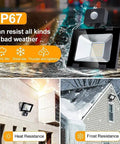 Spot Lighting Led Floodlight with Motion showing IP67 rating for rain, snow, and extreme weather resistance.