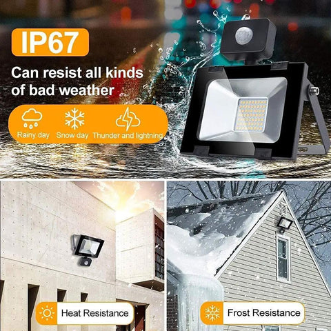 Spot Lighting Led Floodlight with Motion showing IP67 rating for rain, snow, and extreme weather resistance.