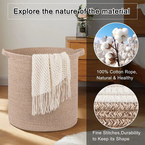 Dope Rope Laundry Basket With Handles For Living Room Storage, Modern Woven Bin For Toys, 18 by 16 Inches, Natural Cotton