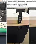 Dtacke 160mm rubber T-handle cooler latches; replacement draw latches shown in front, side, and installed views.