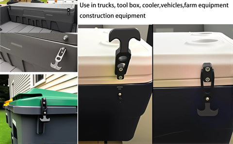 Dtacke 160mm rubber T-handle cooler latches; replacement draw latches shown in front, side, and installed views.