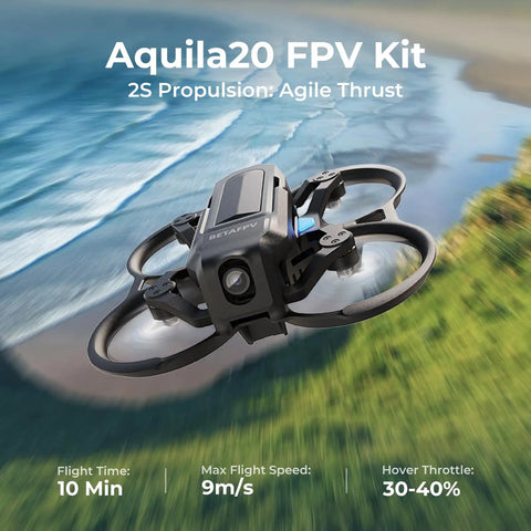 Aquila20 FPV Kit drone flying outdoors showing its 2S propulsion system and agile thrust over a scenic landscape.