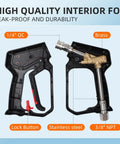 Internal view of Heavy Duty Pressure Washer Short Gun with Swivel, showing lock button, stainless steel, brass fittings, 1/4” QC, 3/8” NPT.