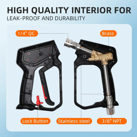 Internal view of Heavy Duty Pressure Washer Short Gun with Swivel, showing lock button, stainless steel, brass fittings, 1/4” QC, 3/8” NPT.