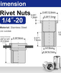 Dimensions and specifications of Pro Shop Heavy Duty 1/4-20 304 Stainless Steel Rivet Nuts with detailed measurements.