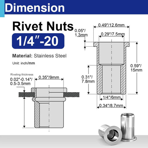 Dimensions and specifications of Pro Shop Heavy Duty 1/4-20 304 Stainless Steel Rivet Nuts with detailed measurements.