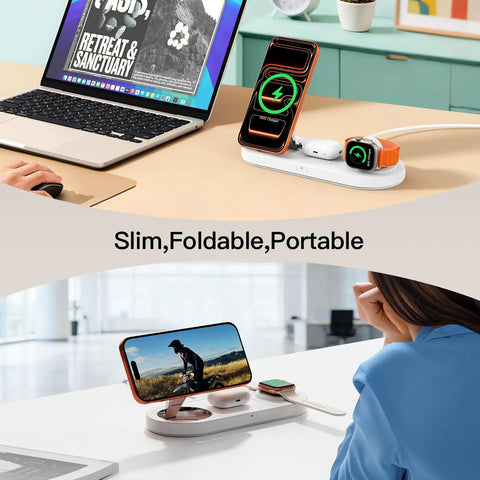All In One 5W Fast Magnetic Wireless Charger Stand For iPhone 12 13 14 15 16 17 AirPods And Watch MagSafe Dock 3 In 1 on desk