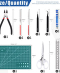 39 Piece Pro Grade Model Tools Kit For Model Building And Hobby Crafting With Steel Ruler, tweezers, files, knife, mat, scissors visible